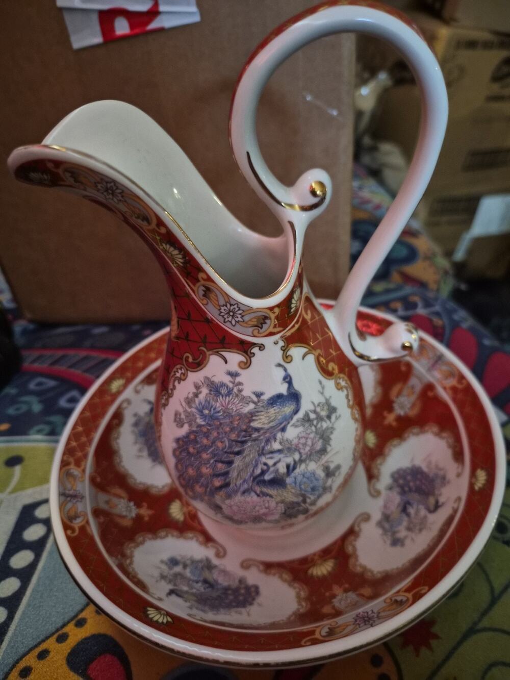 Vintage Fapodel Ceramic Pitcher And Bowl In Red And White Color With Gold Trim